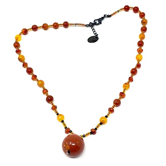Handmade Fall Inspired Amber Toned and Carnelian Bead Choker Necklace - Picture 1 of 10